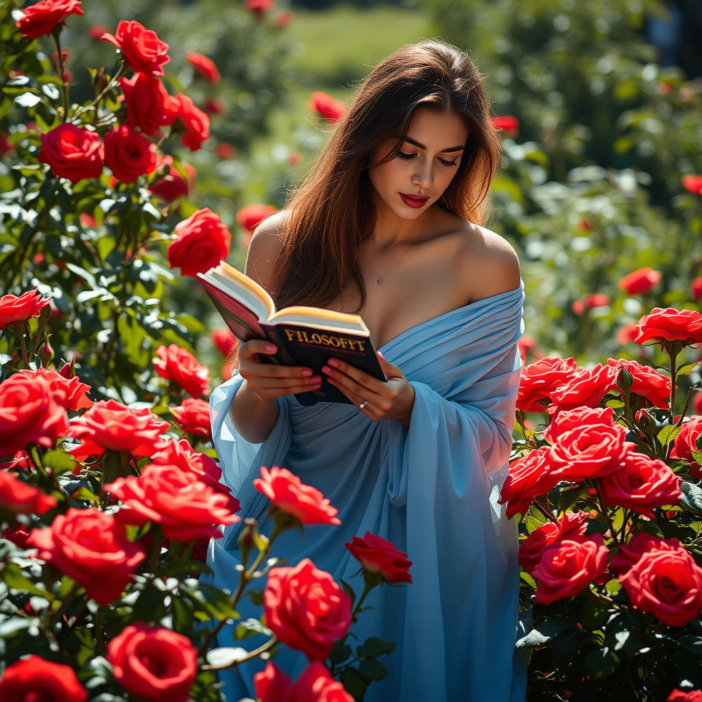 Brunette Woman Reading in Rose Garden Photography