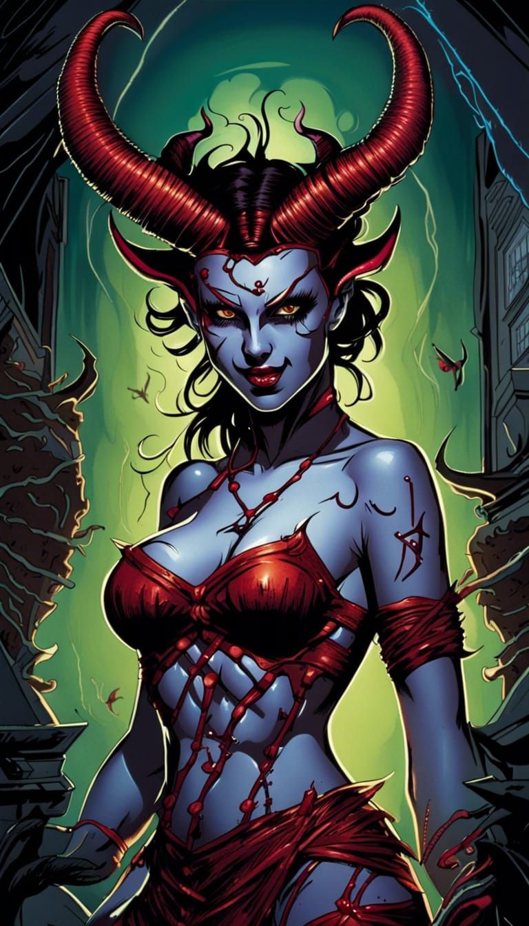 Attractive Demon Girl in Comic Book Art Style