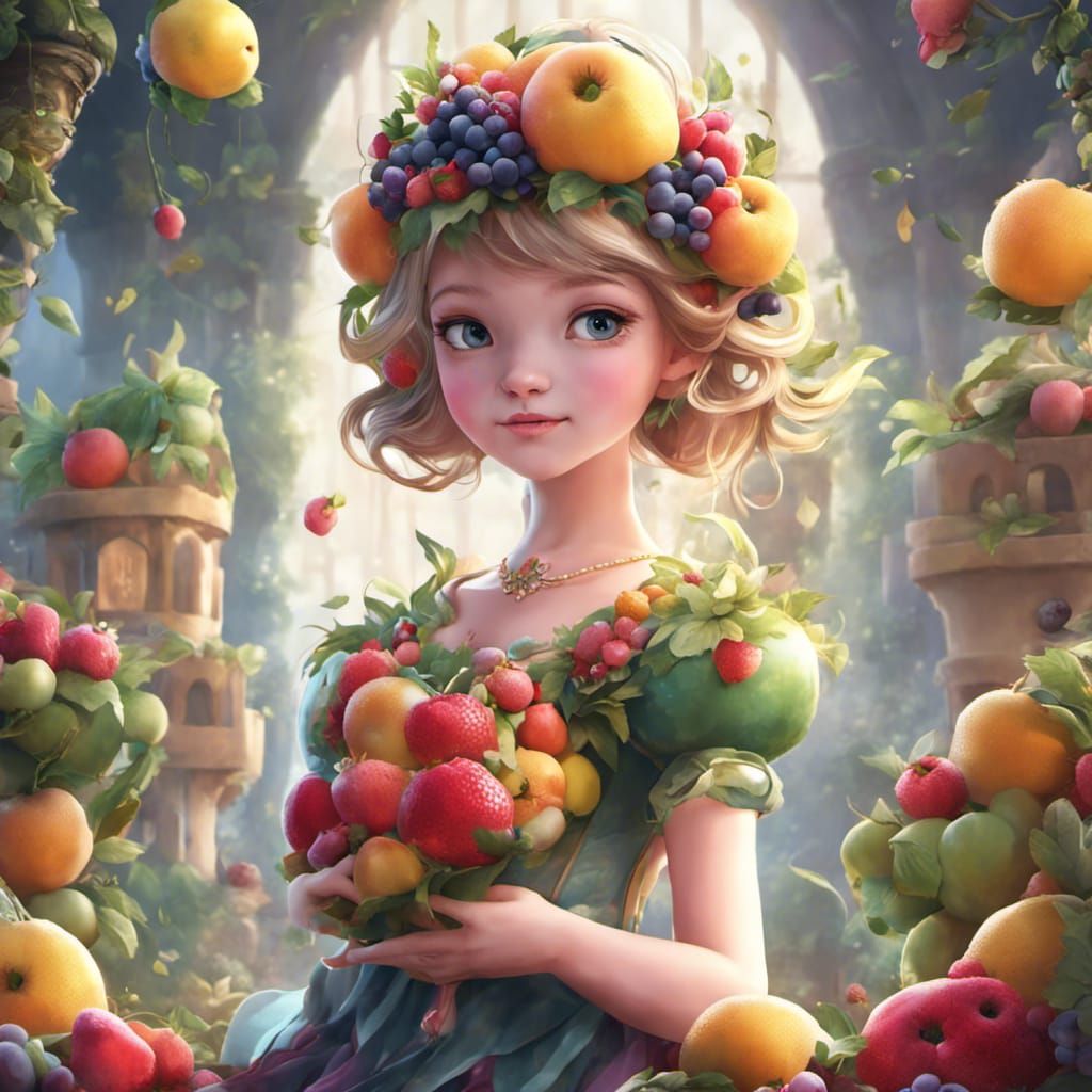 Princess Girl in Fruit Flower Dress, Cartoon Art