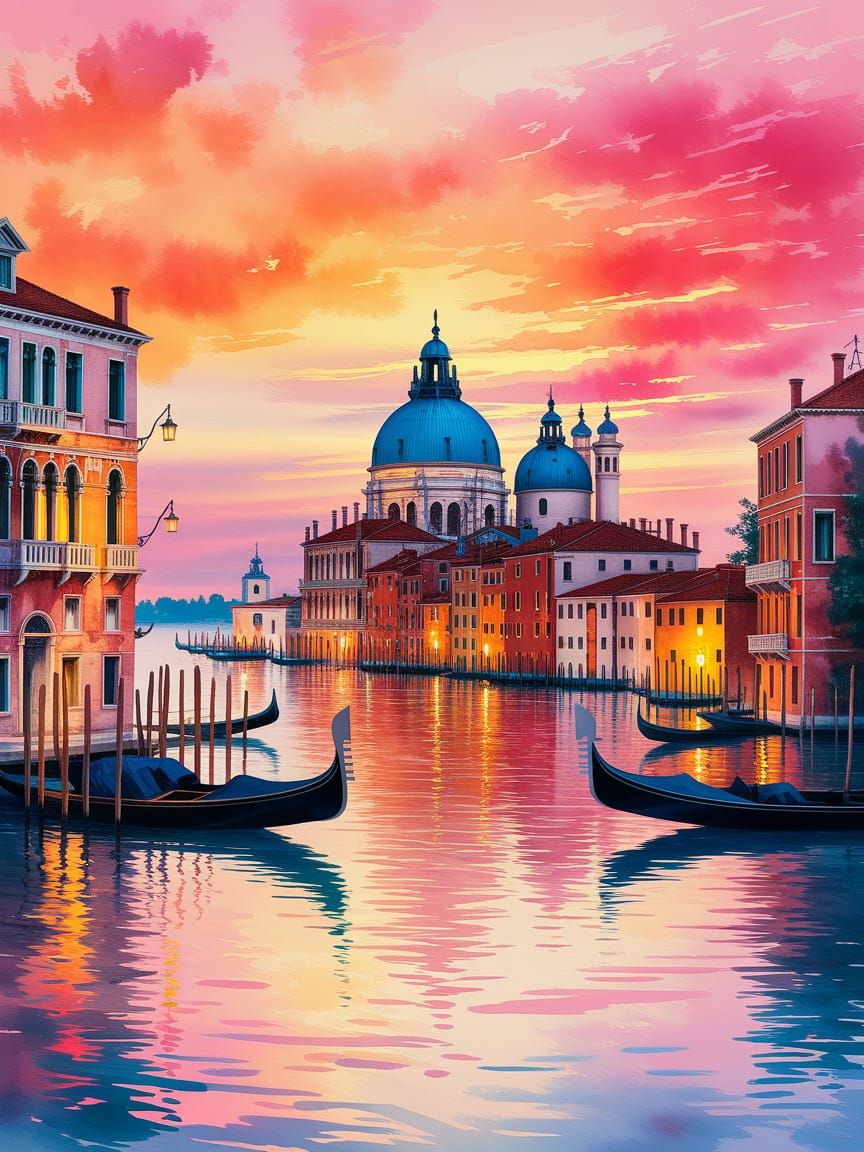 Dreamy Venetian Sunset in Watercolor