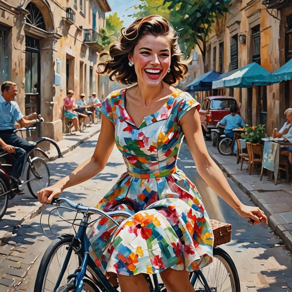 Joyful Girl on Bicycle: Impasto-Style Portrait