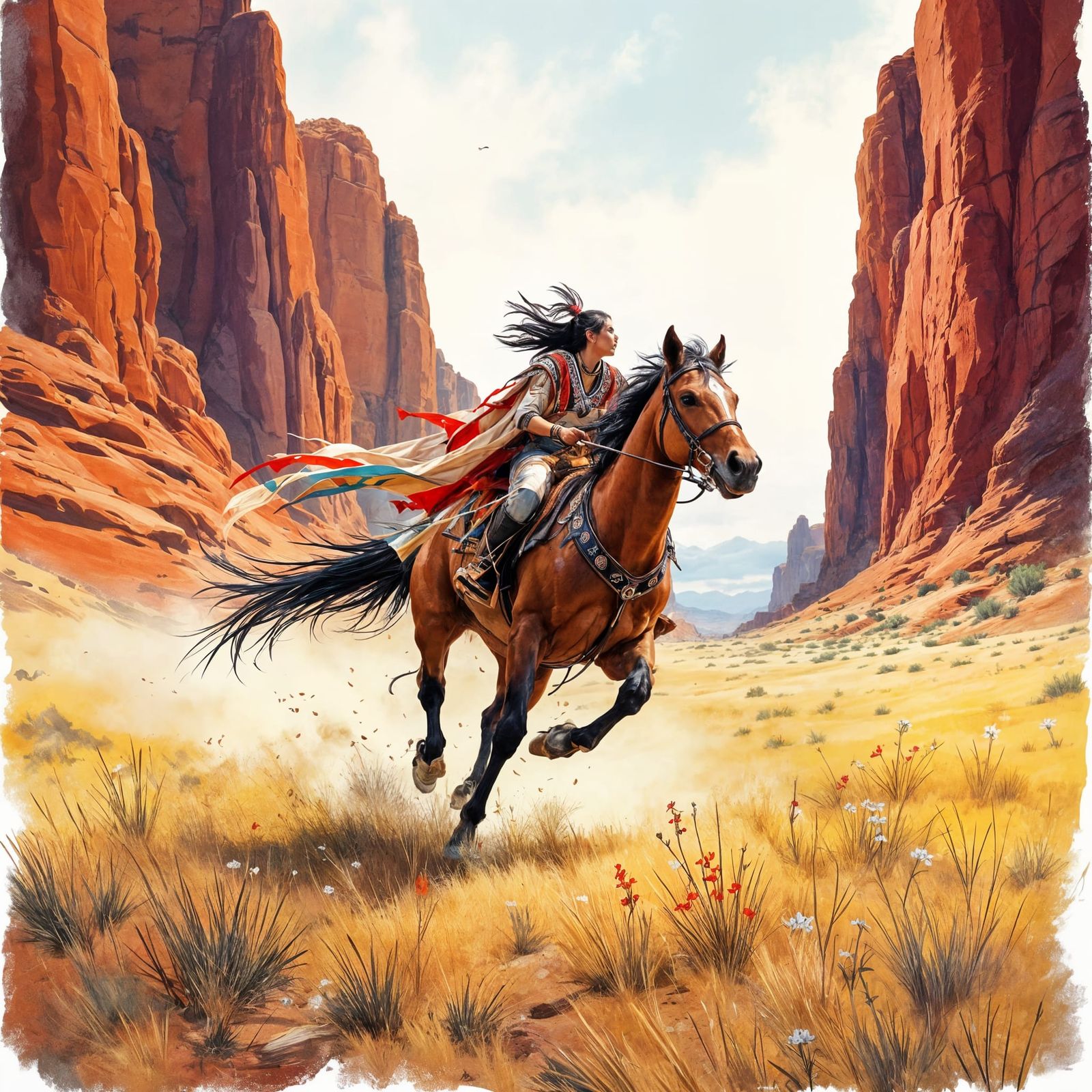 Apsáalooke Rider in Red Rock Canyon, Contemporary Illustrati...