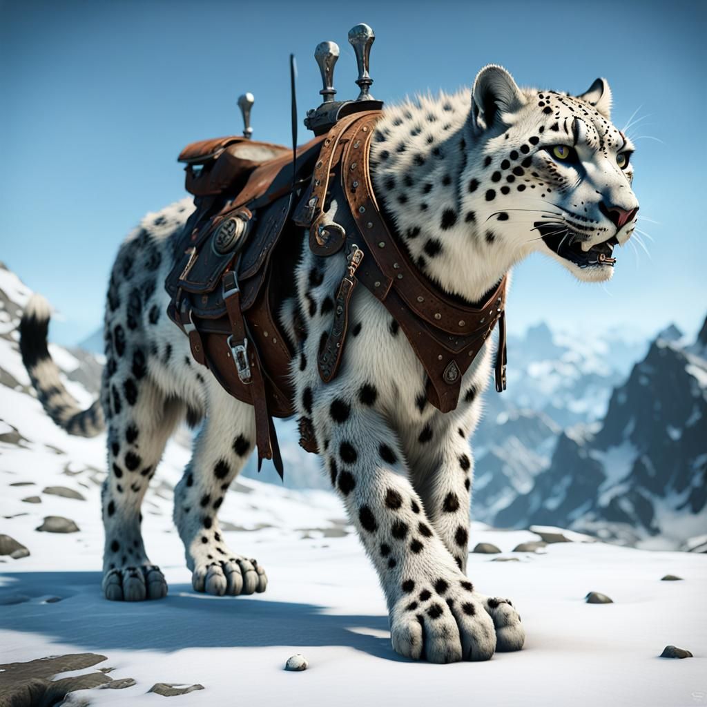 Zombie Snow Leopard Mount. Decaying body, Leather saddle. Di...