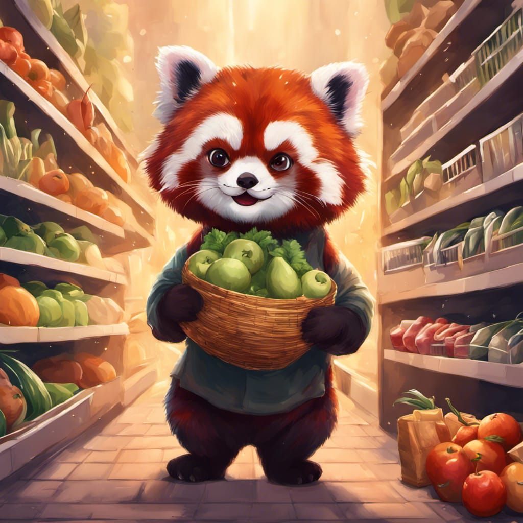 Red Panda Grocery Seller in Chibi Art Style