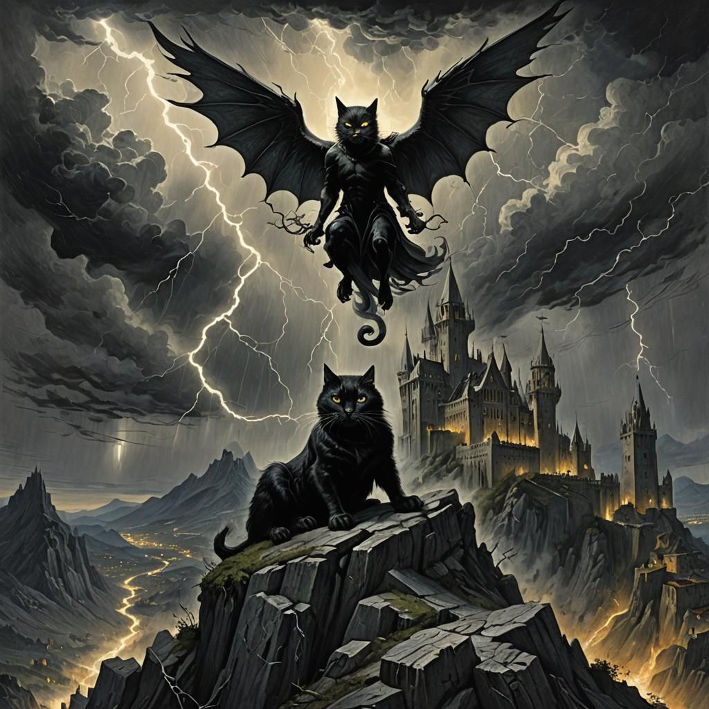 Black Angel of Death Over Castle in Storm