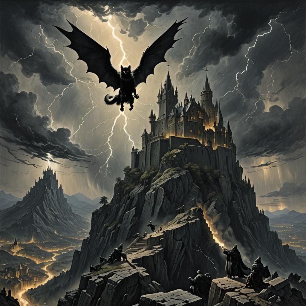 Giant Cat Angel of Death Over Castle