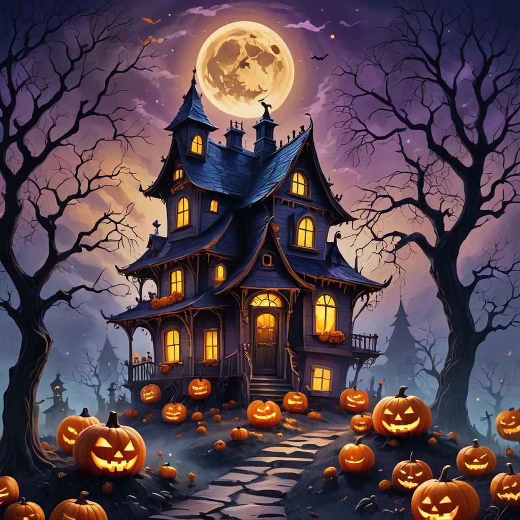 Halloween House Digital Painting in Dark Fantasy Style