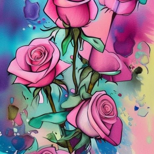 Pink Roses Bouquet in Art Nouveau Watercolor Style