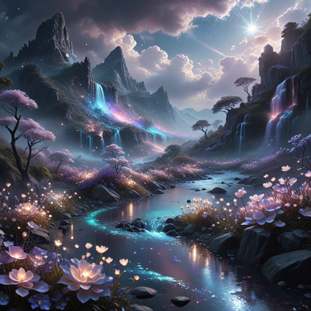 Ethereal Fantasy Landscape with Glittering Rivers and Flower...