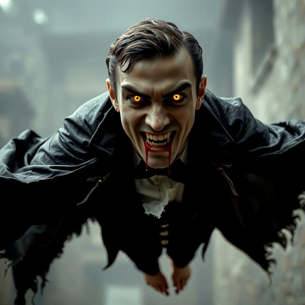 Menacing Vampire Flies Toward Camera in Hyperrealistic Style
