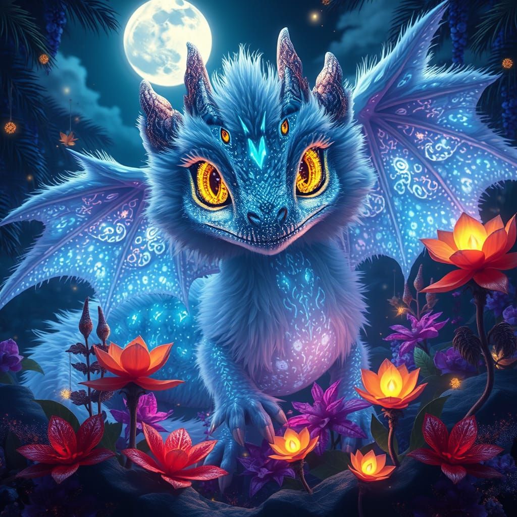 Bioluminescent Dragon in Moonlit Garden: Fantasy Concept Art