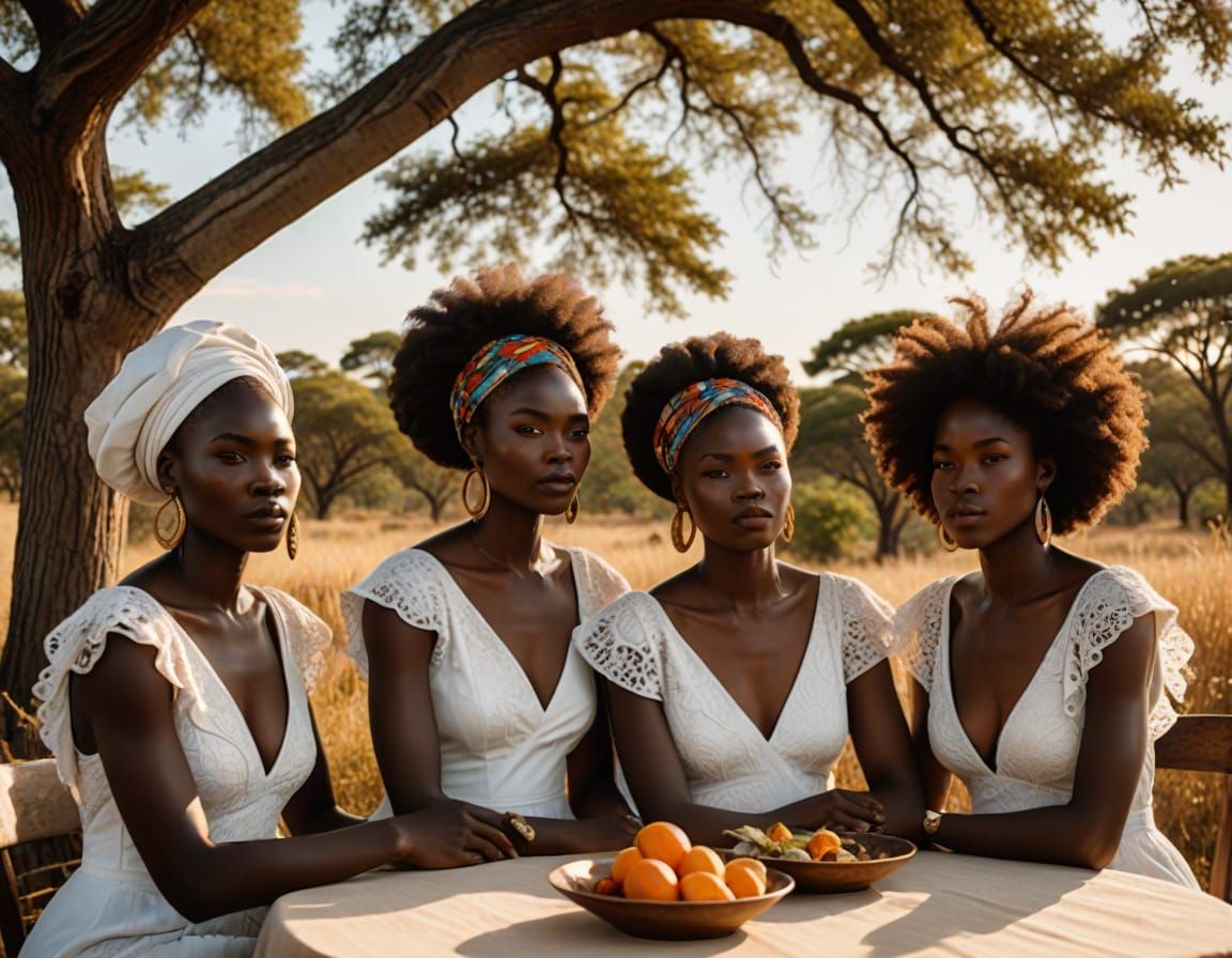 Four Elegant Black Women in White, Captured in Warm Golden L...