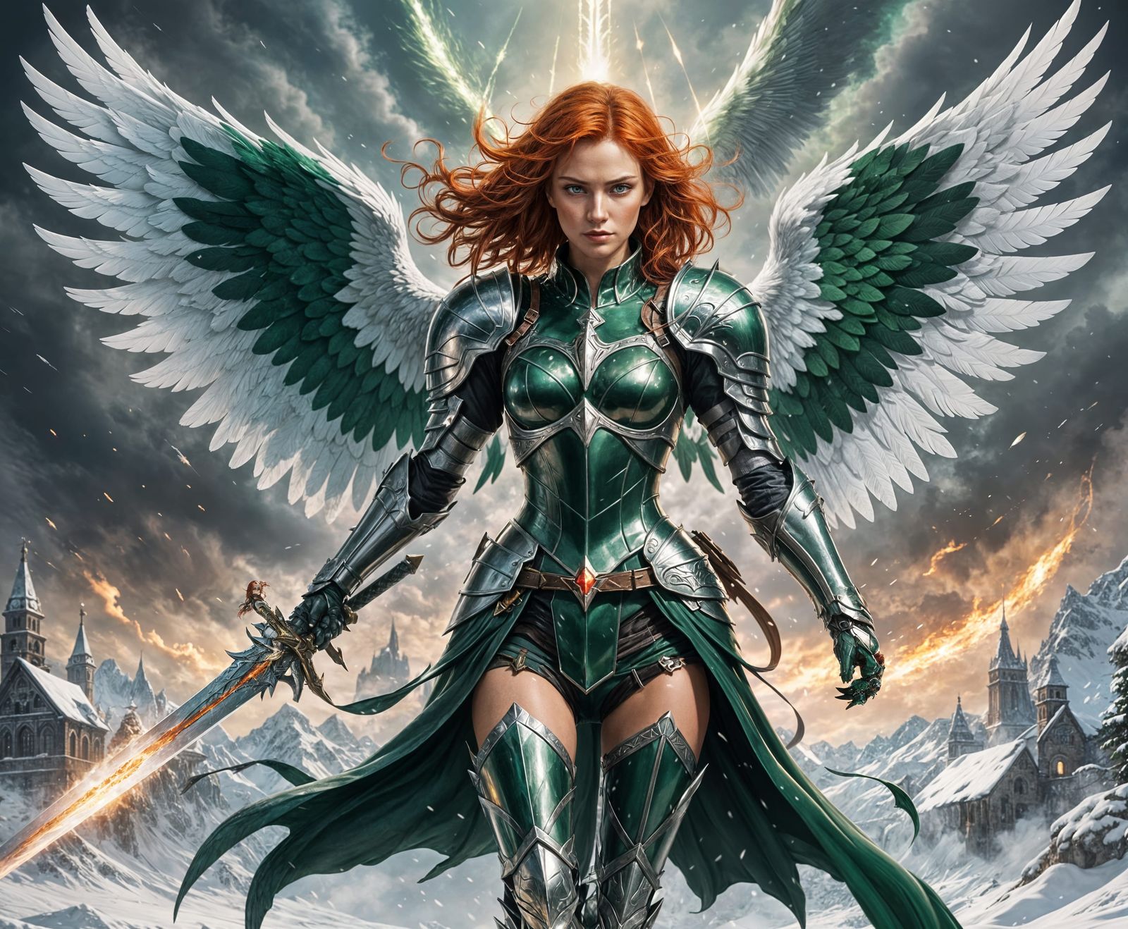 Radiant Angel Warrior Soaring Above Mountains