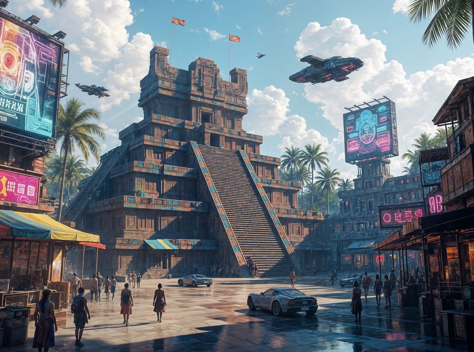 Mayan Temple in Cyberpunk City: Digital Art