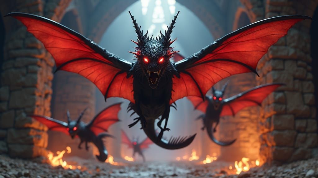 Crimson Dragonfly-Wolf Hybrids in Medieval Dungeon