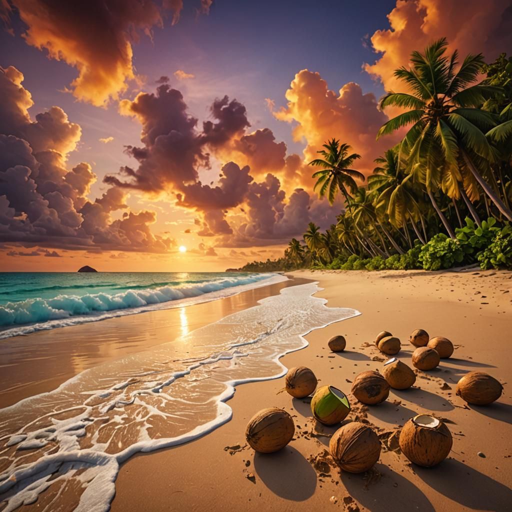 Colorful Beach Shore Landscape with Coconuts