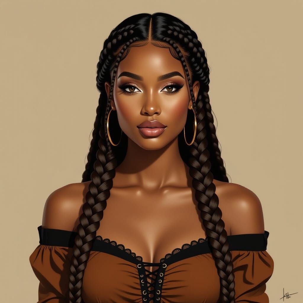 Digital Oil Painting of a Black Woman with Braids