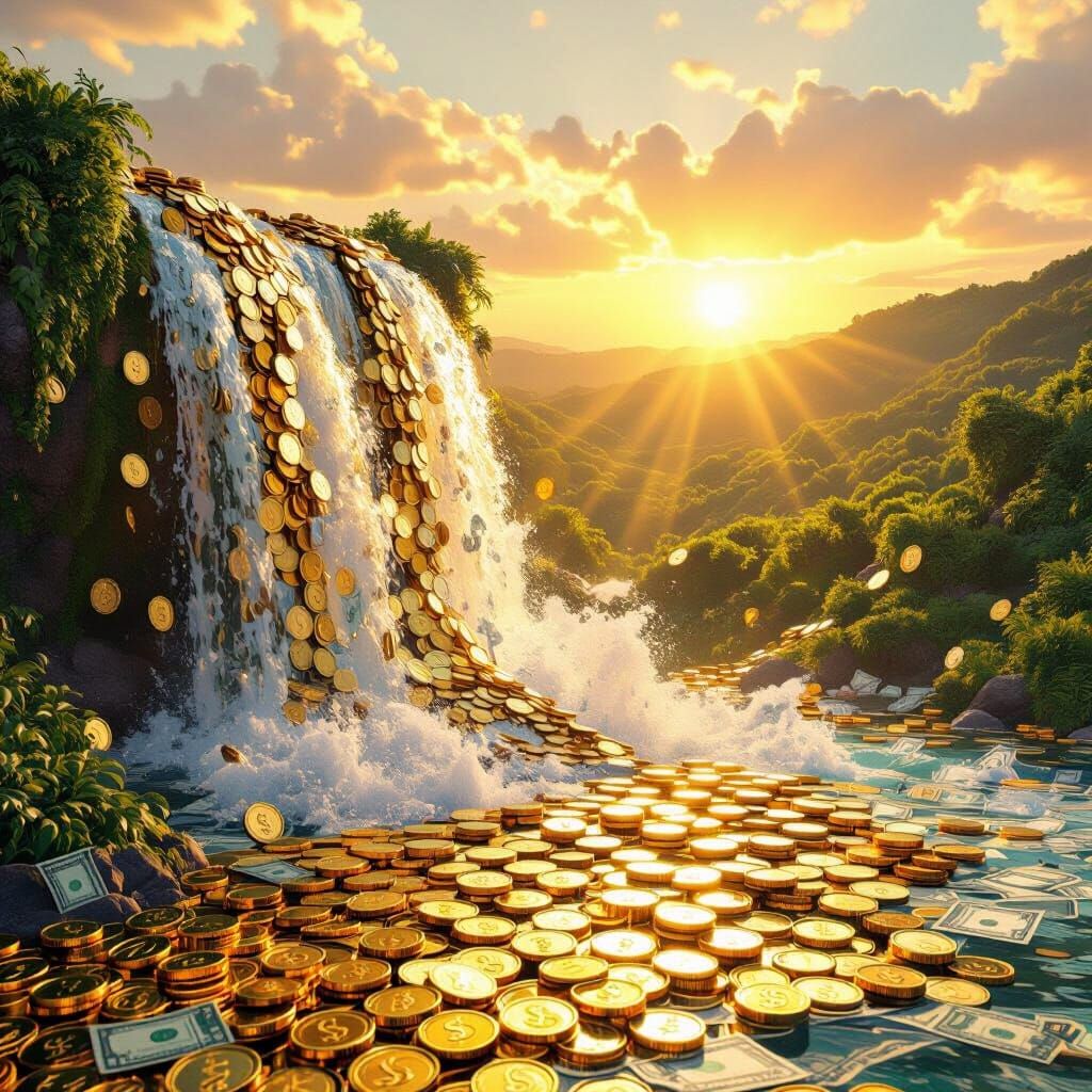 Money Waterfall: Gold Coins & Bills in Lush Valley