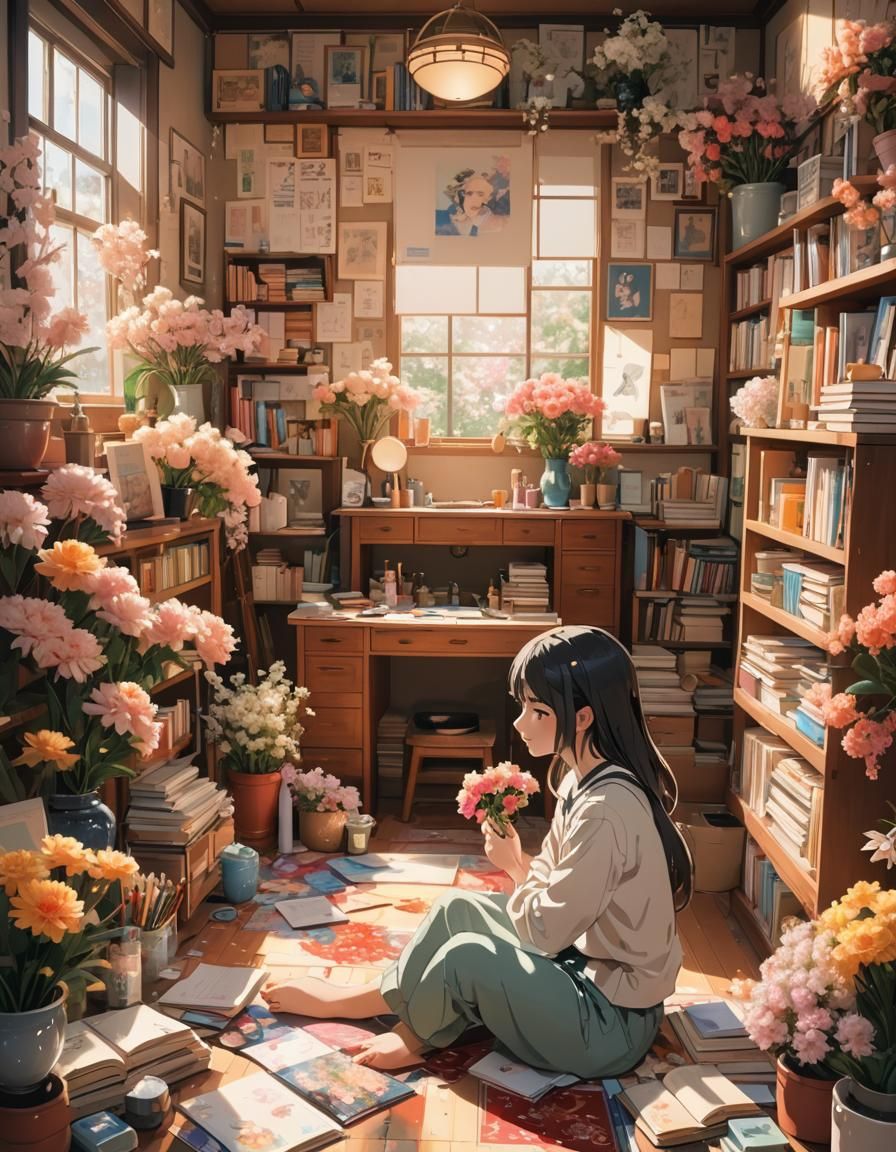 Anime Girl in Floral Bedroom: Dreamy Interior