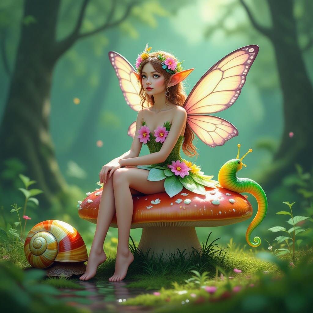 Vivid Fairy Sits Amidst Wet Forest Wonderland