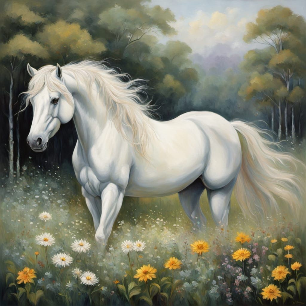 Majestic White Horse in Sun-Dappled Meadow