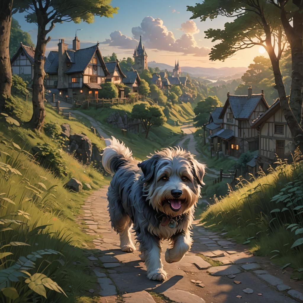 Happy Shaggy Dog in Forest: 3D Anime Art