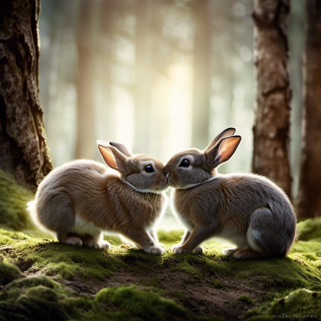 Cute Rabbits Kissing in Forest Landscape