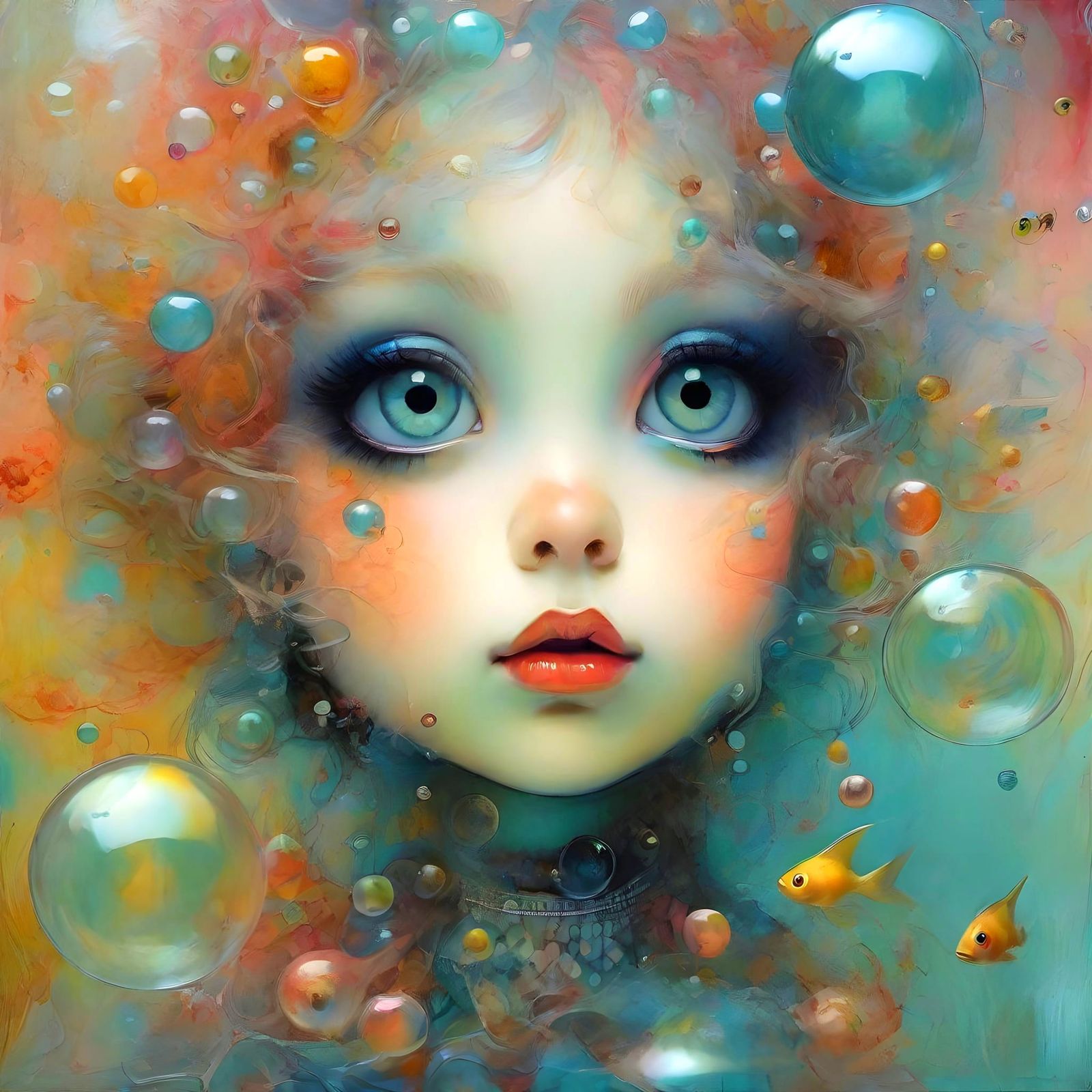 Dreamy Chibi Girl Portrait in Mixed Media Style