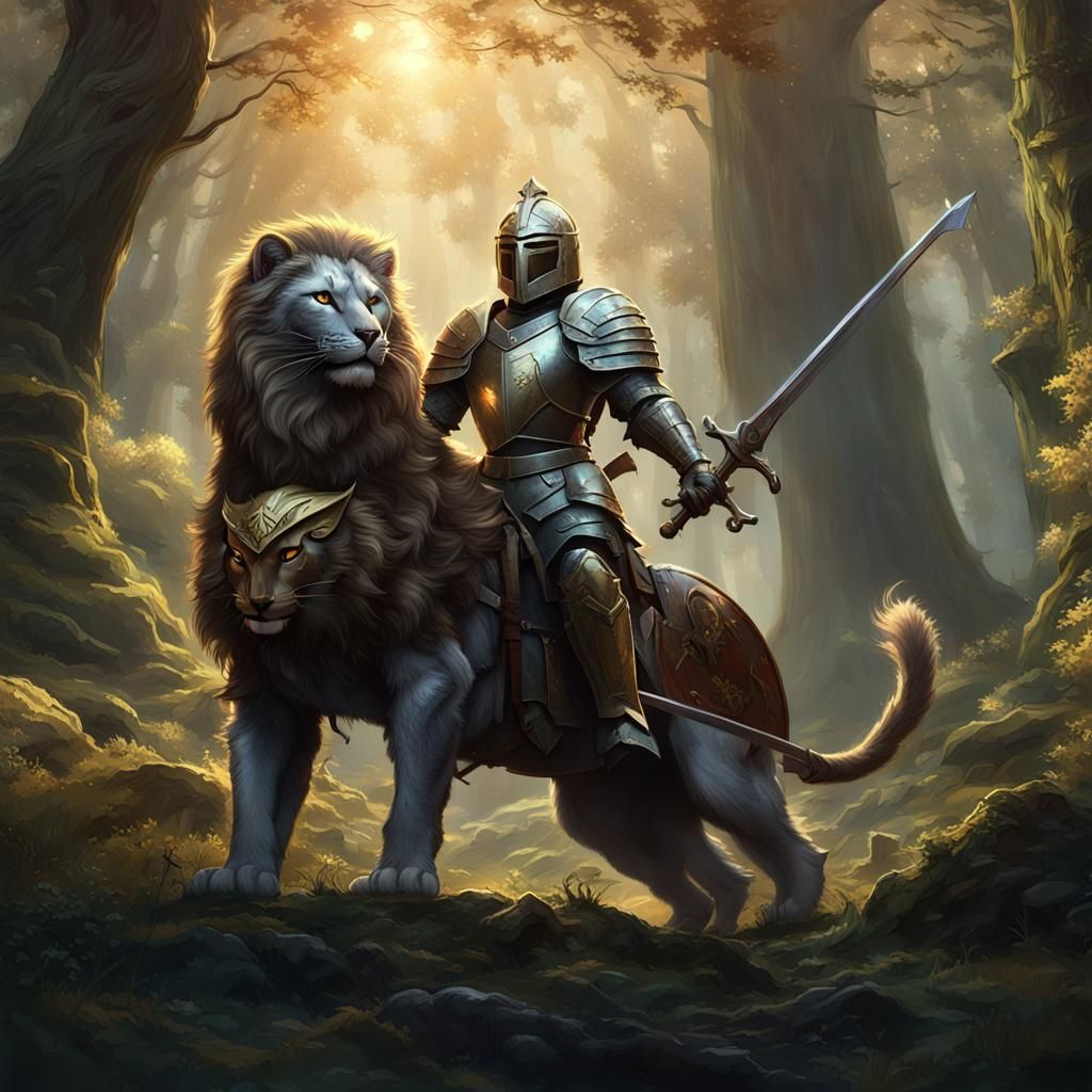 Cat Knight on Armored Lion in Forest