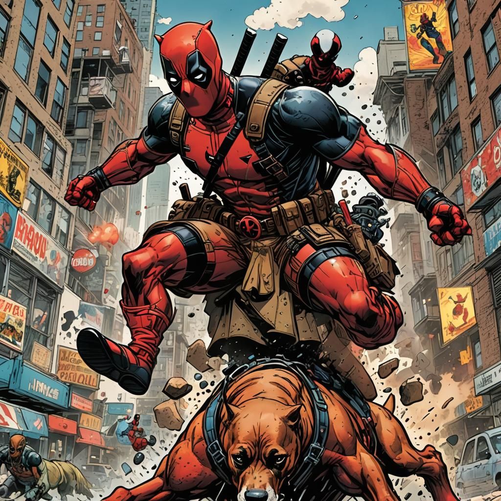 Deadpool Rides Dog in Comic Book Style