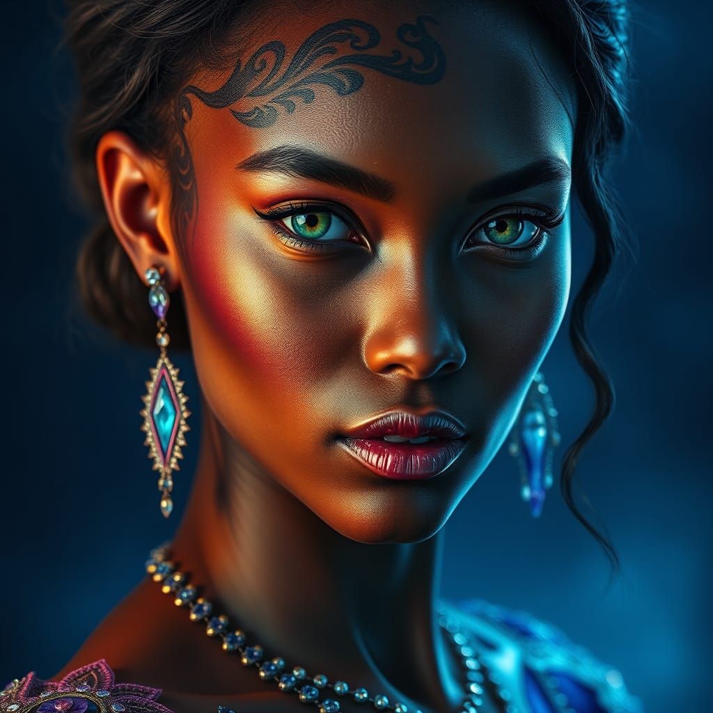 Beautiful Woman with African Tattoos in Digital Art Style
