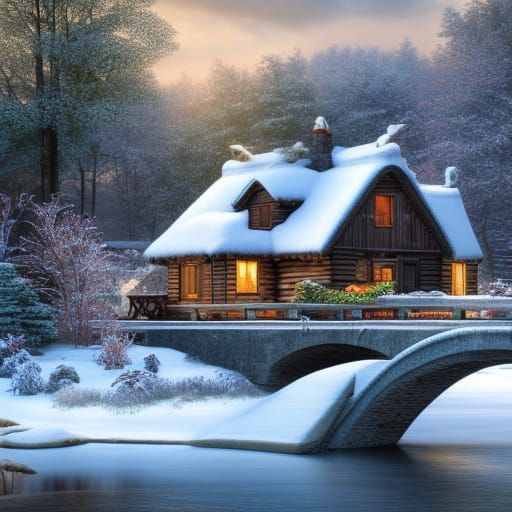 Winter Cottage by River in Photorealistic Style