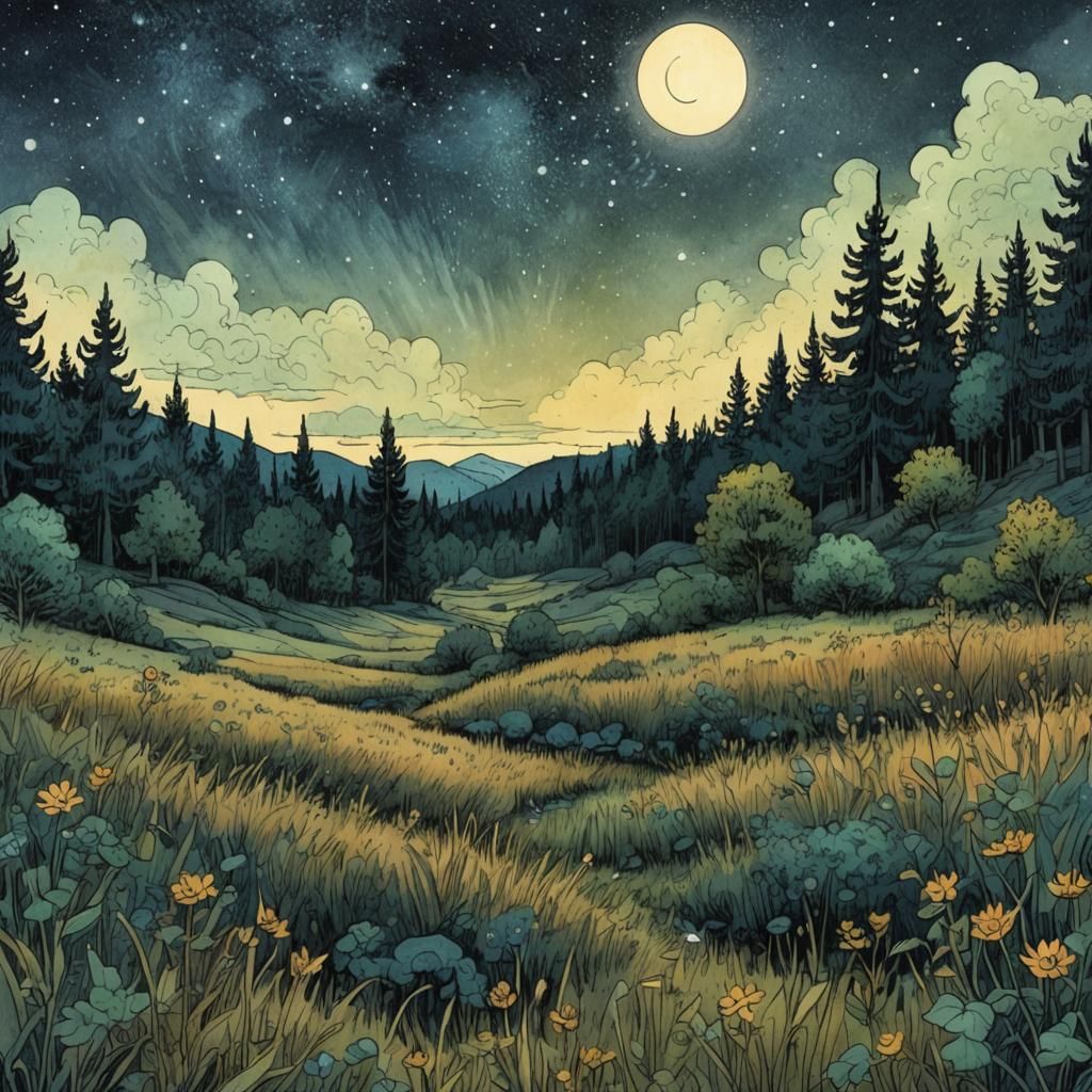 October Night Sky Over Forest Meadow Illustration