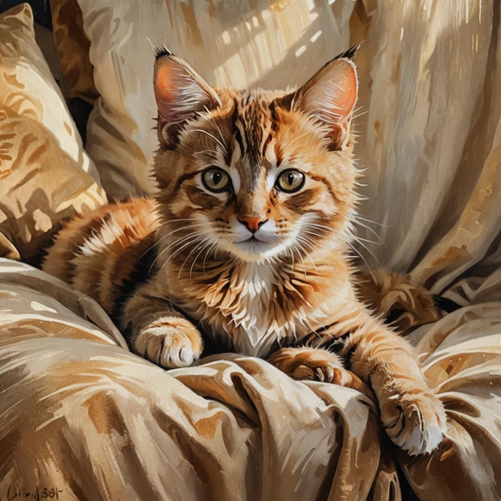 Impressionist Kitten Portrait in Golden Sunlight