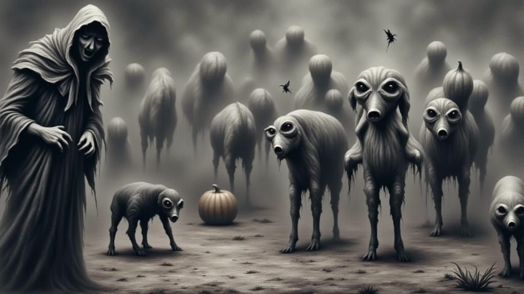 Dark Priest with Pigs and Dog in Gritty Photo Style