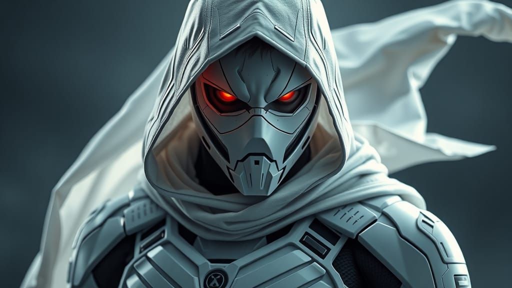 Cyberpunk Warrior in Glowing Red Masked Armor