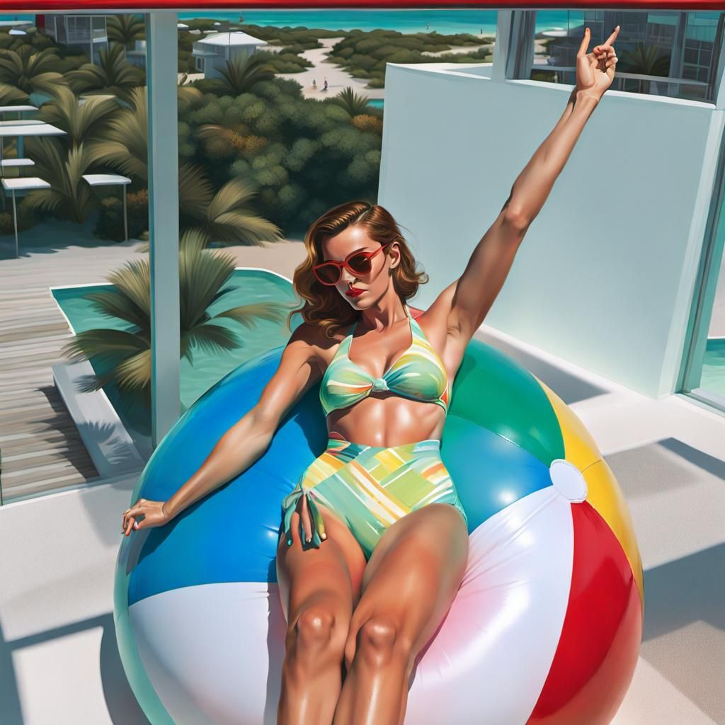 British Woman on Beach Ball in Retro Pin-Up Style