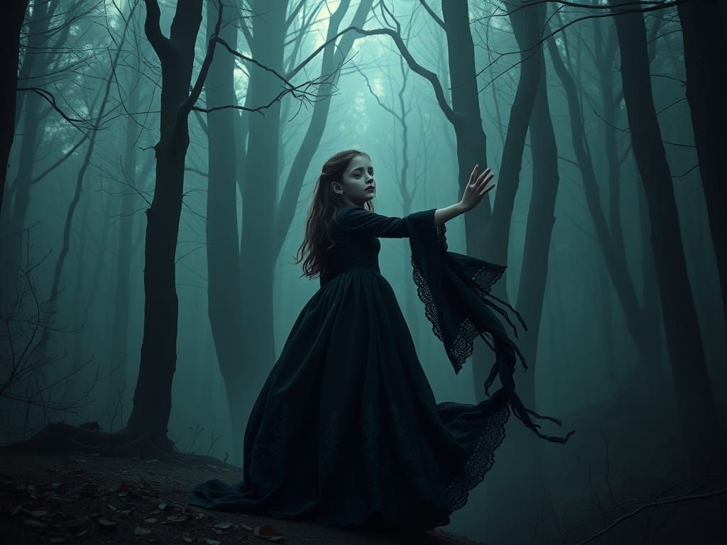 Mystical Gothic Girl Summons a Spirit in Dark Forest