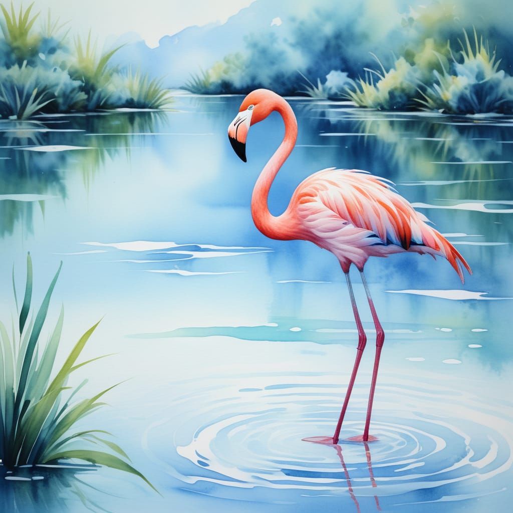 Blue Flamingo in Lagoon: Watercolor Pastel Dreamscape