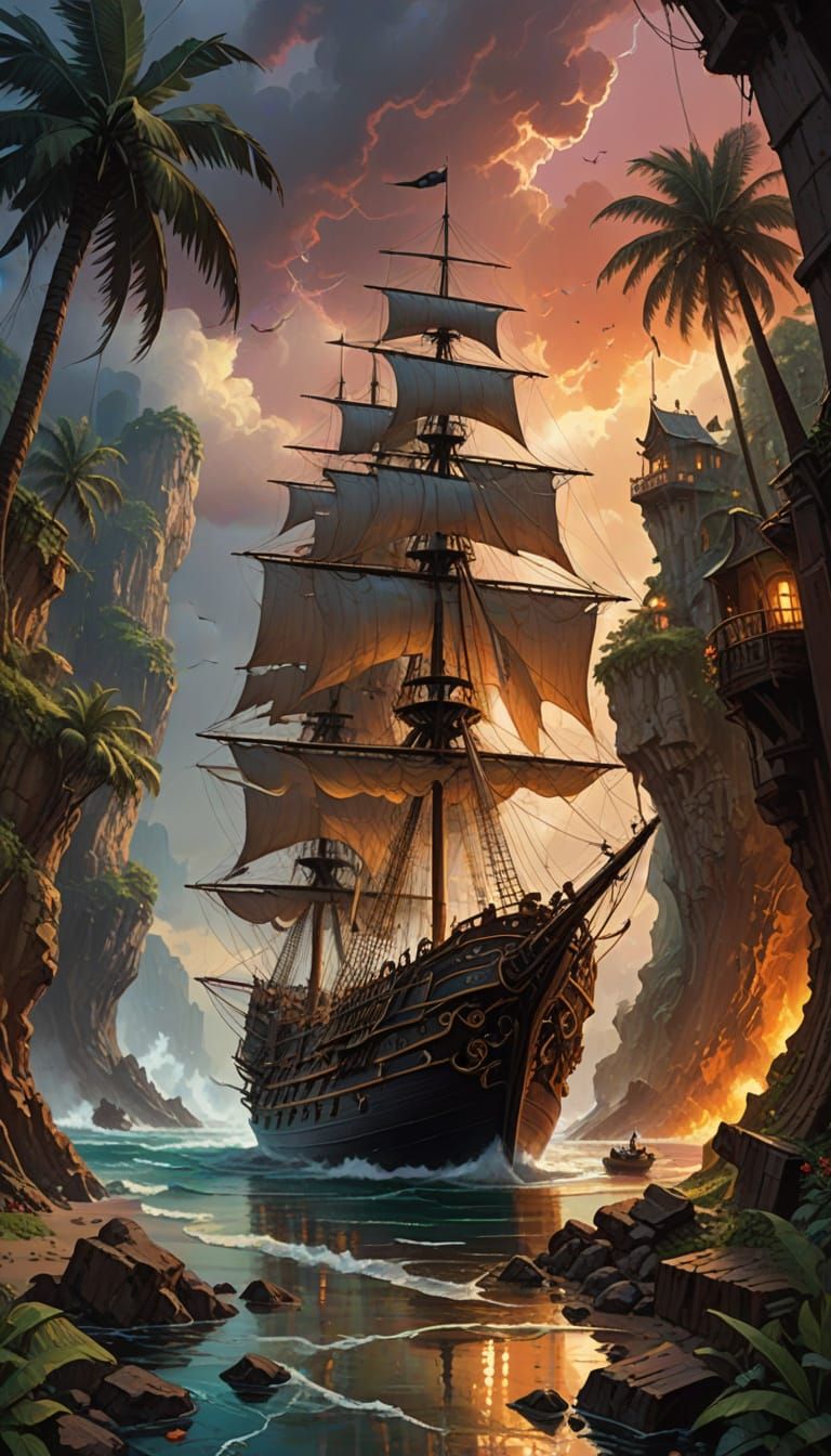 Whimsical Pirate Ship in a Mystical Cave