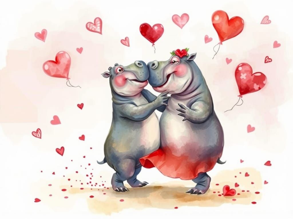 Tangoing Hippos in Whimsical Watercolour