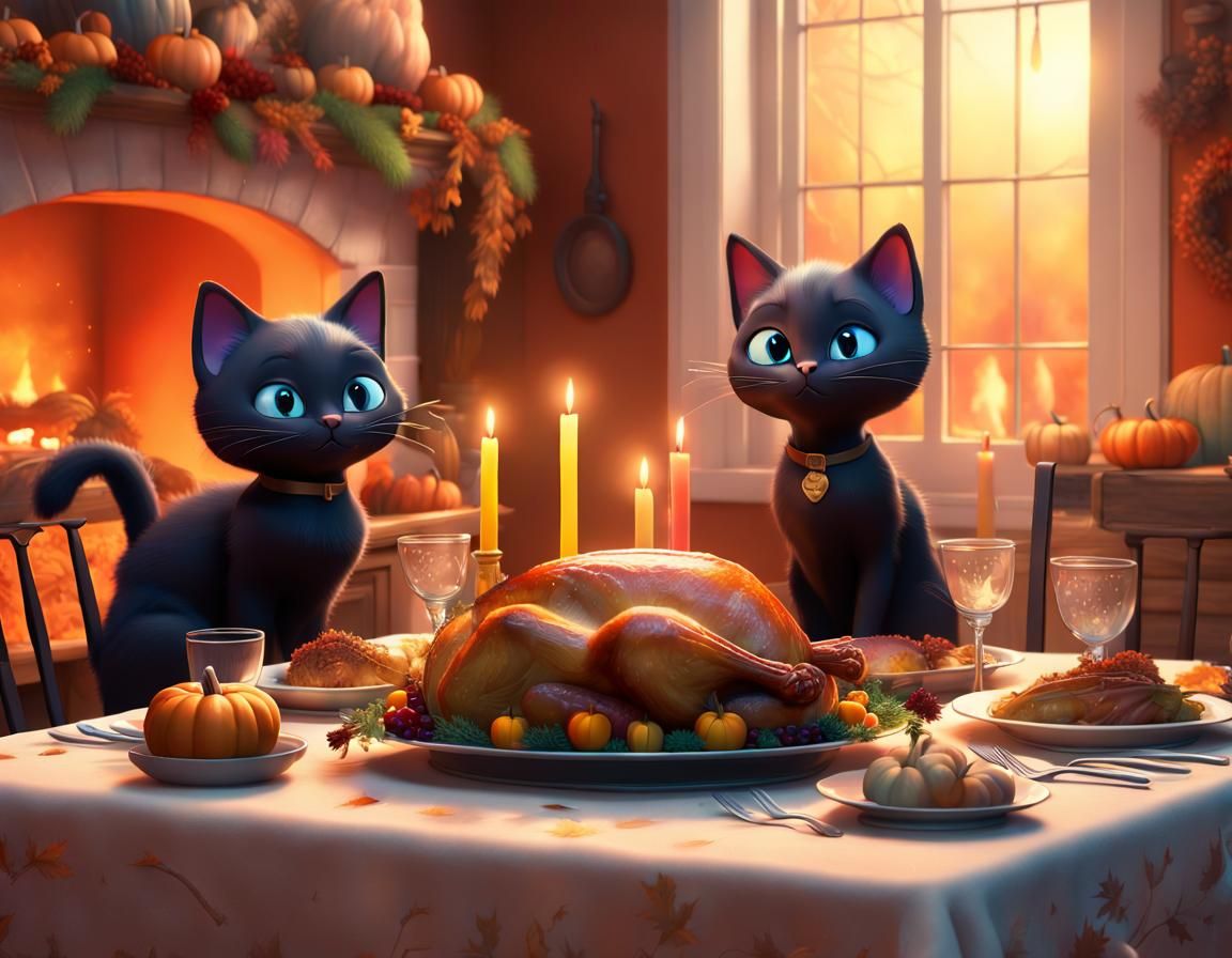 Festive Thanksgiving Dinner with Black Cat Family