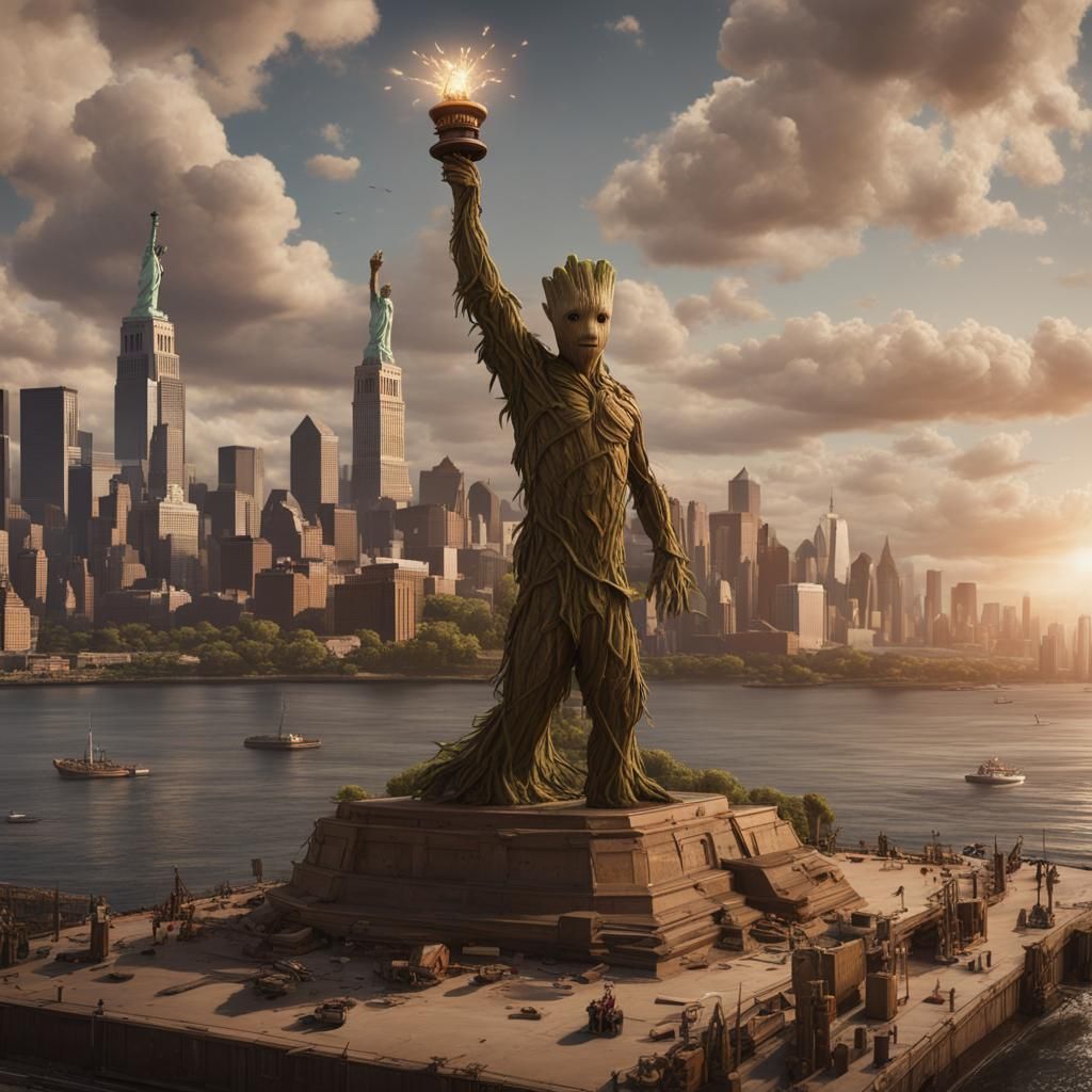 Groot as the Statue of Liberty in Detailed Painting