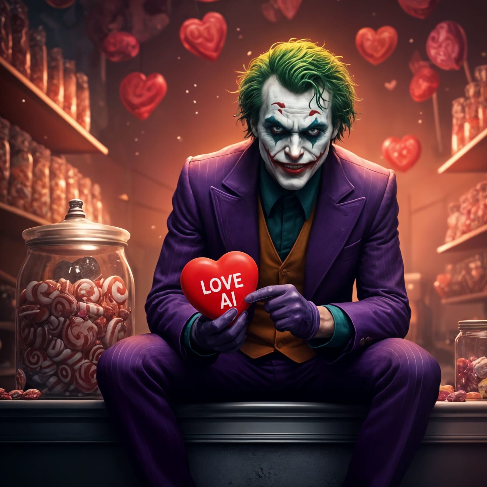 The Joker's Whimsical Valentine's Day in a Candy Shop