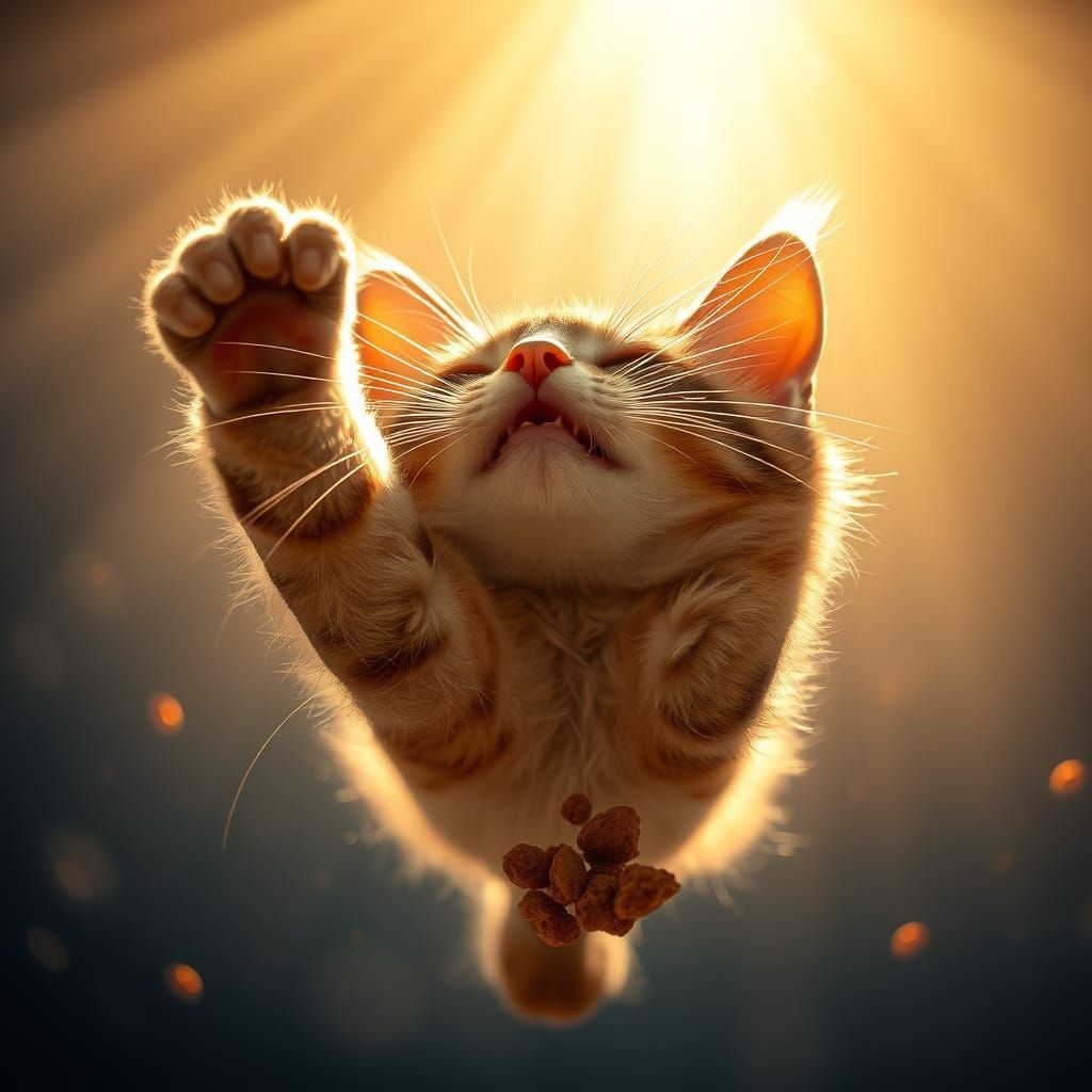 Stunning Low-Angle Portrait of a Cat in Mid-Air, Radiant wit...