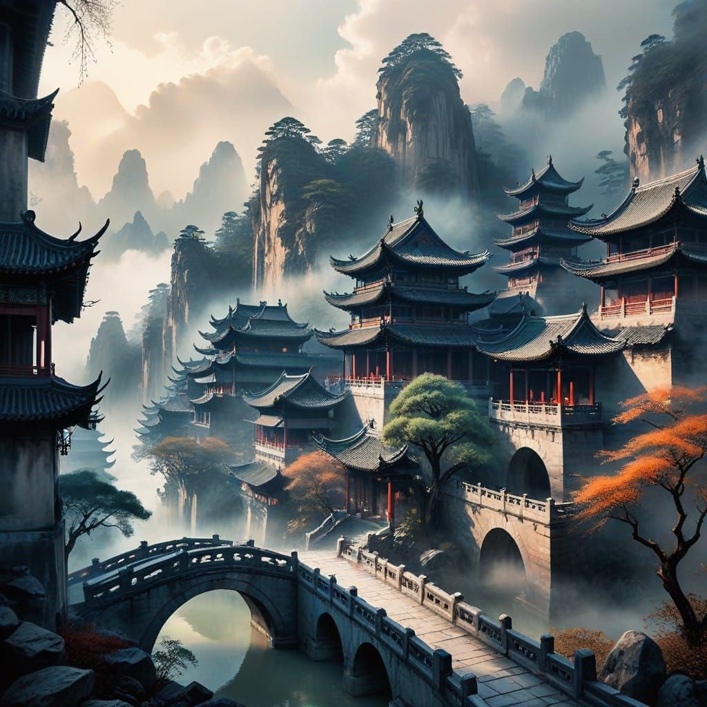 Mystical Wuxia Cityscape Amidst Ancient Chinese Mountains