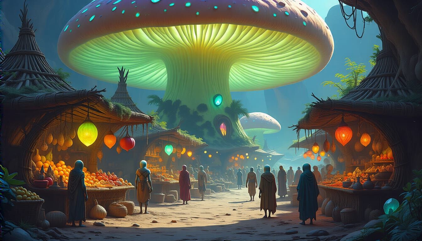 Bustling Alien Marketplace in Bioluminescent Mushroom