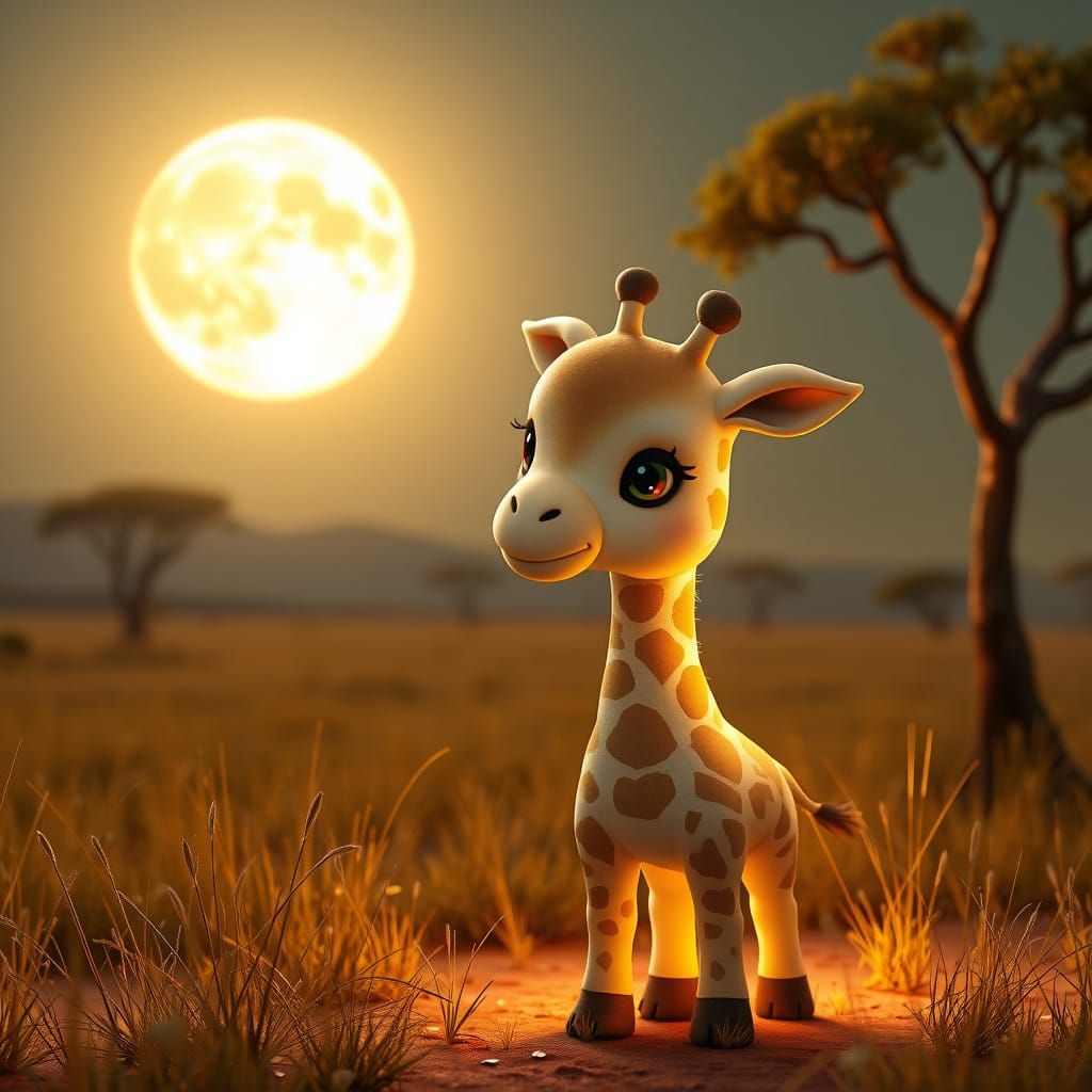 Chibi Giraffe Under Supermoon Light in Whimsical 3D