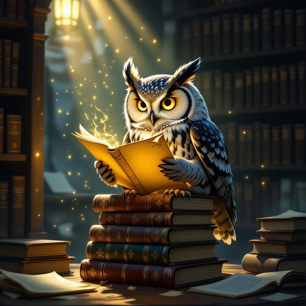 Wise Owl Reads Magical Scroll in Dusty Library