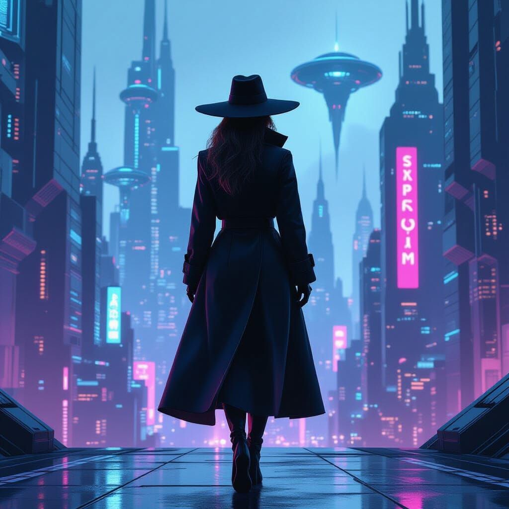 Futuristic Cityscape: Woman in Coat, Sci-Fi Fantasy Art